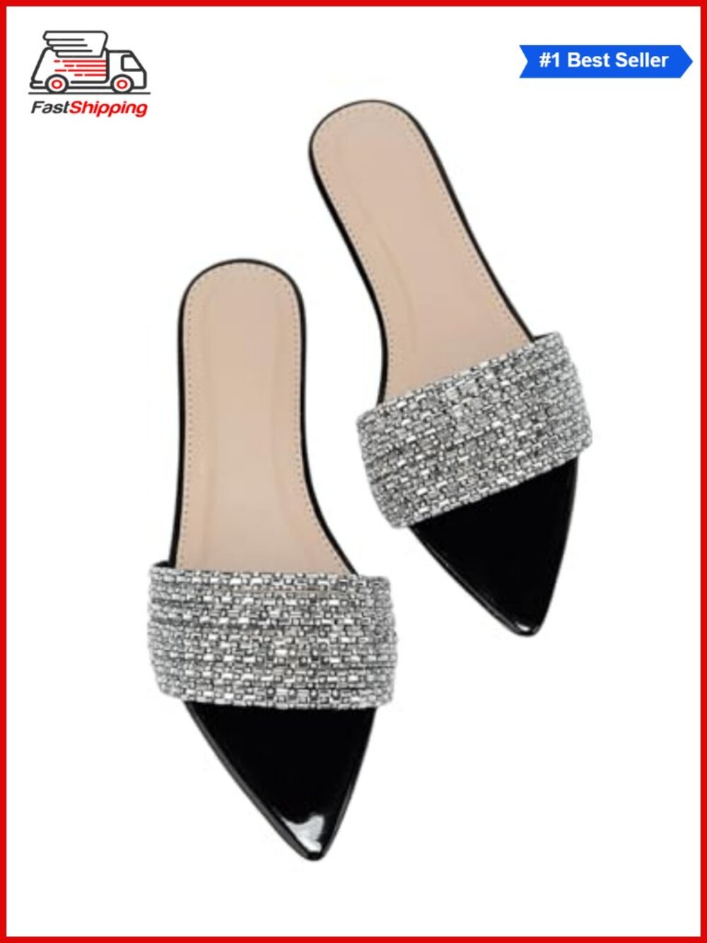 ✨ Rhinestone Pointed Open Toe Slide Flats Faux Leather Women Dressy Sandals